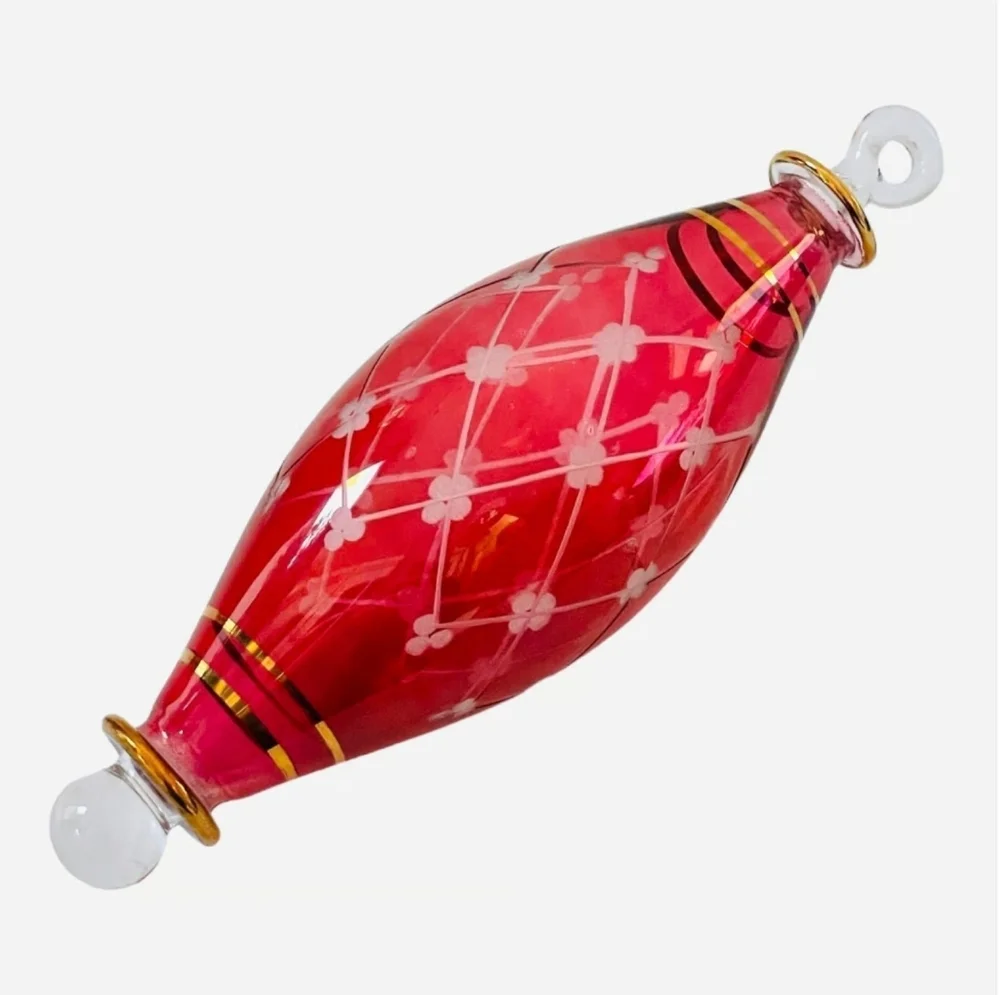Vintage Egyptian Glass Teardrop Christmas Ornament Red & Gold Holiday Art Decor